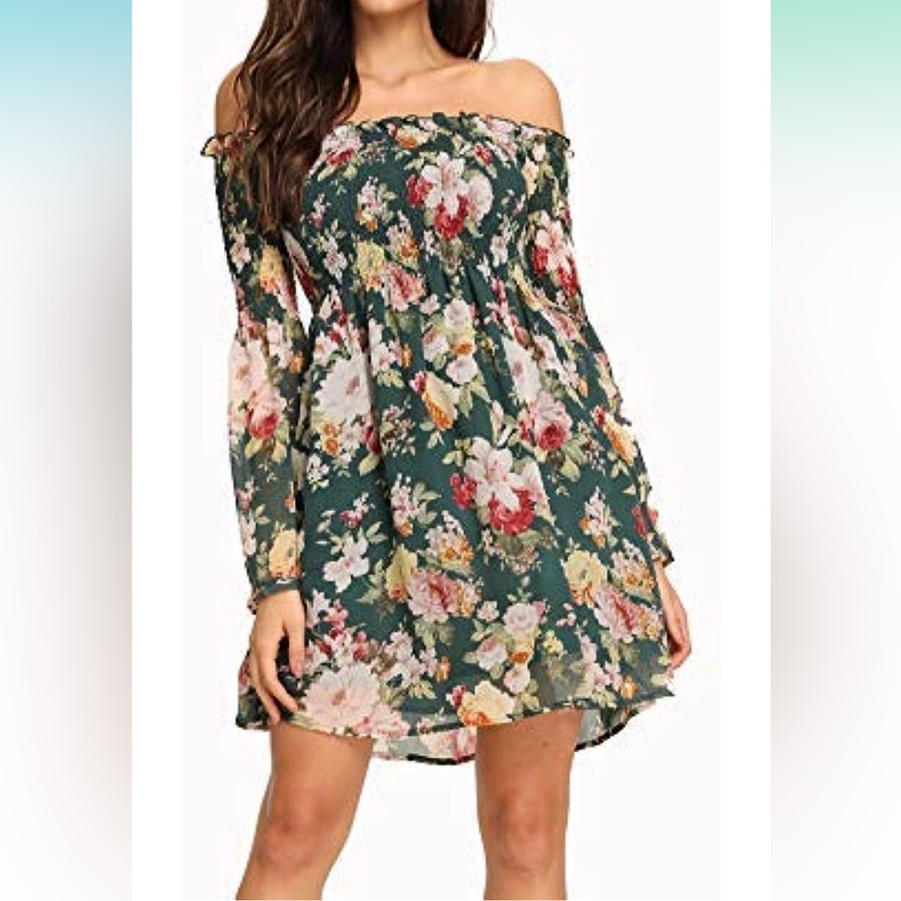 Romwe Women's Casual Floral Print Off Shoulder Trumpet Sleeve Swing Dress